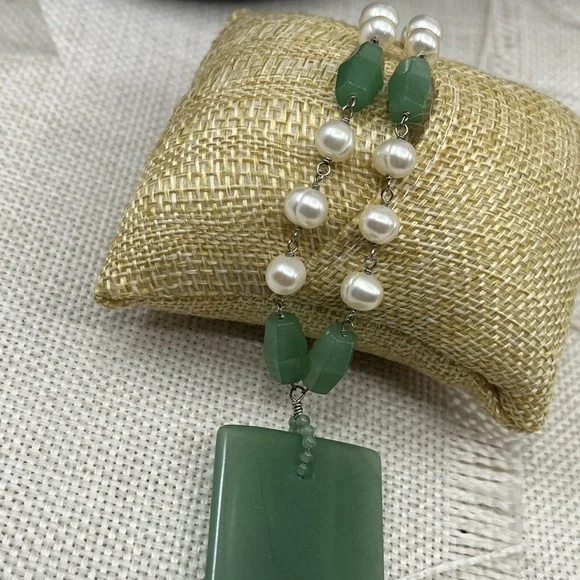 Vintage Green Jade & Pearl Sterling Silver Pendant Necklace 16" - Picture 12 of 17